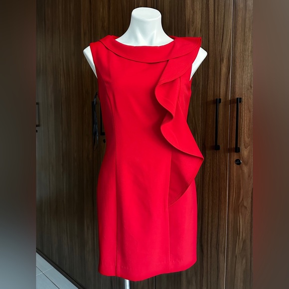 Calvin Klein Dresses & Skirts - Calvin Klein Red Formal Classy Midi Length Sheath Fitted Ruffle Front Size 8